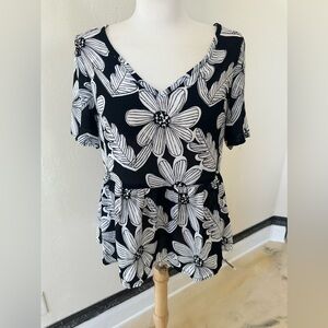 Rokoko by Dazz Black & White Floral Blouse | Minimal Chic Peplum Top | Size S